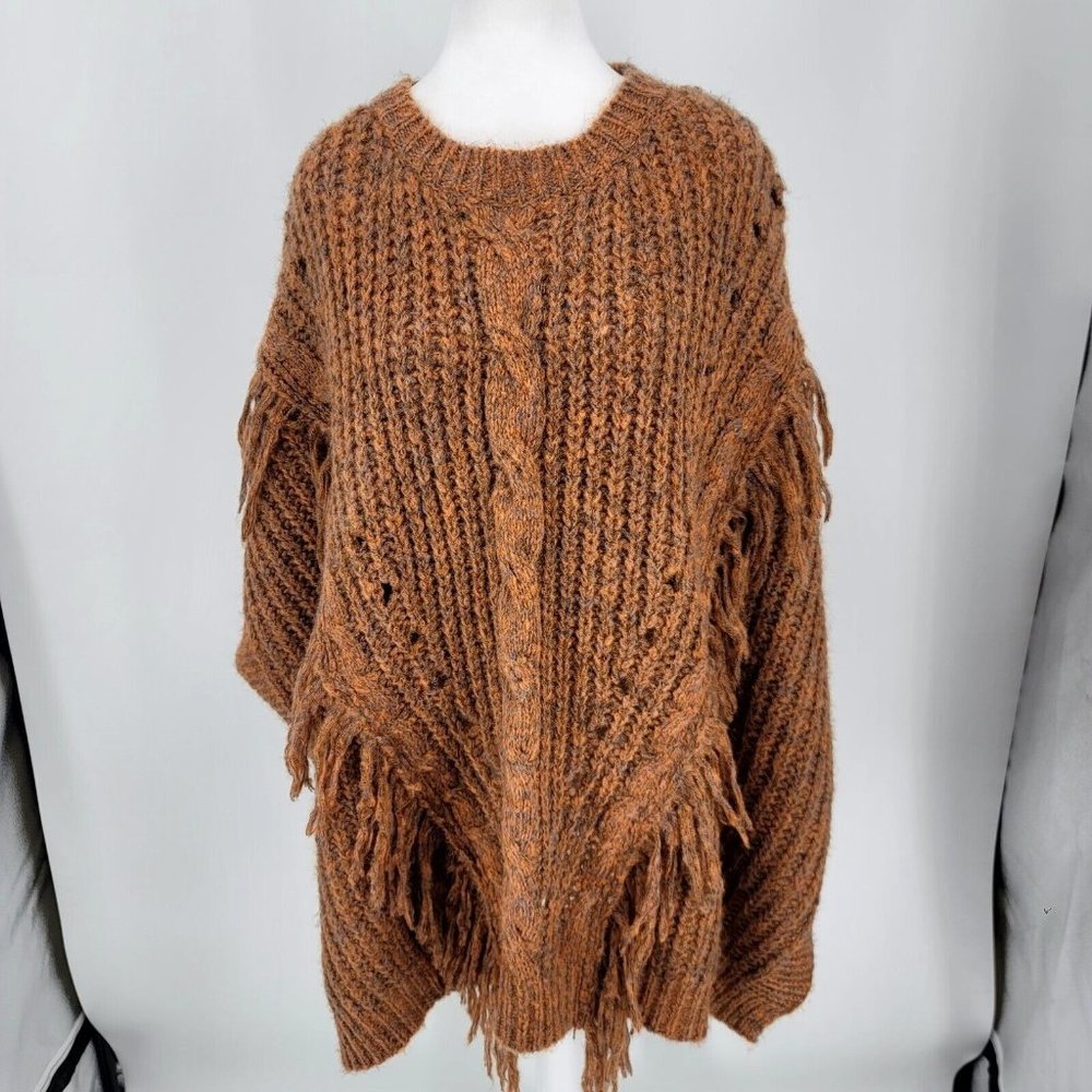 Anthropologie Bronze Fringe Chunky Cable Knit Poncho Sweater One Size NEW
